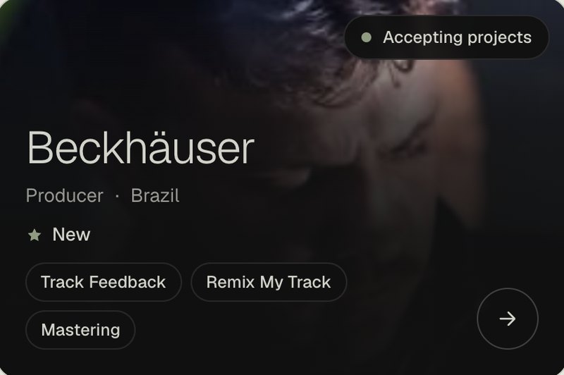 Resident card: Beckhäuser, producer from Brazil: Track Feedback, Remix My Track, Mastering