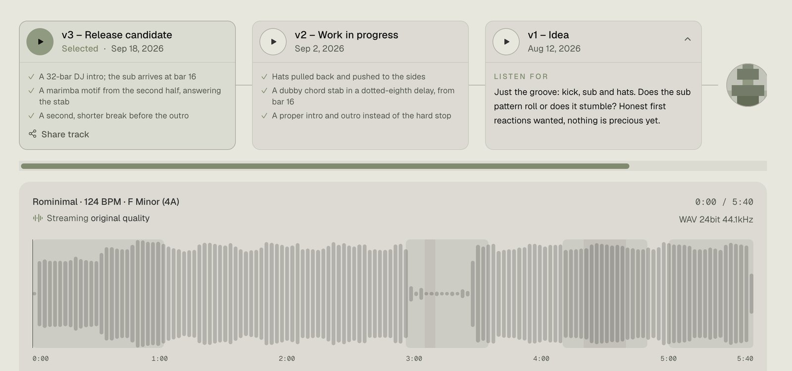 Three versions of the demo track Lipscani on one timeline: v1 Idea, v2 Work in progress and v3 Release candidate, each with its notes